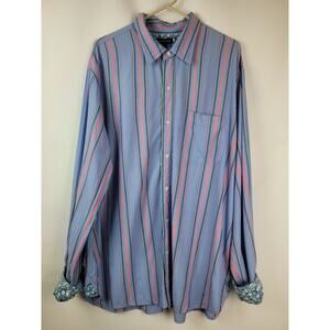 Lands End Men's Striped Button Up Shirt with Floral Flip Cuff Blue Salmon Sz XL